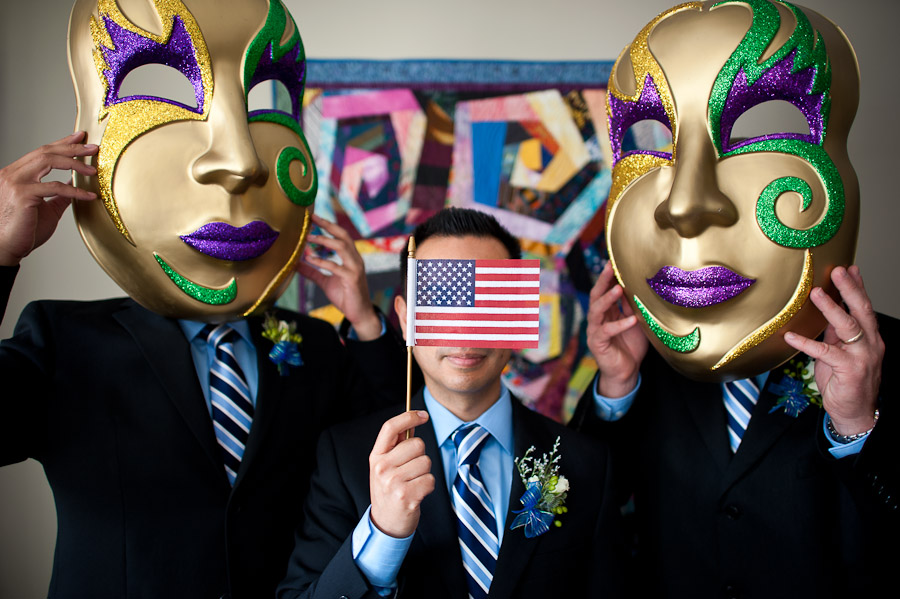 trinity-episcopal-terrys-catering-bloomington-wedding-04 hilarious portrait of groomsmen wearing masks at bloomington wedding