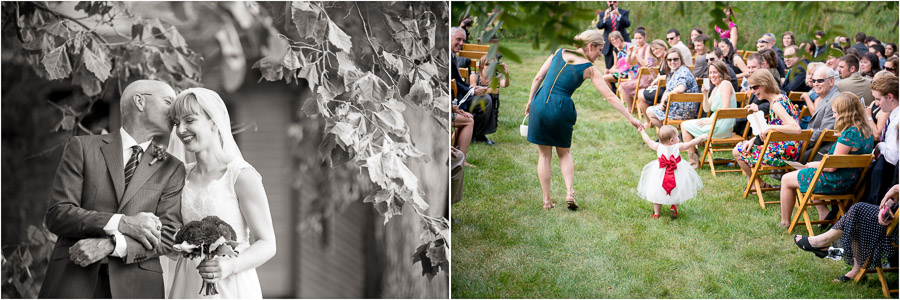 Dulls-Tree-Farm-Wedding-Photography-Indiana-Anna-Dan-10 sweet moment of bride and dad and flower girl before Indiana farm wedding ceremony