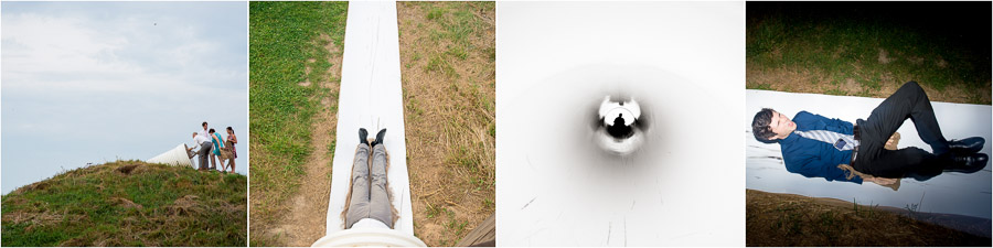 Dulls-Tree-Farm-Wedding-Photography-Indiana-Anna-Dan-16 fun, exciting photos of wedding guests on the Dull's Tree Farm slide in Indiana