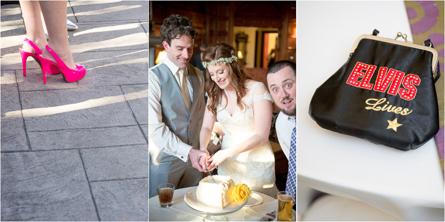 Laurel-Hall-Indianapolis-Indiana-Wedding-Jess-Jon-12 Hot pink shoes, funny cake photobomb, and great Elvis change purse at Indy wedding